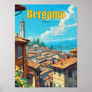 Blue Sky in Bergamo Italy Vintage Travel Poster
