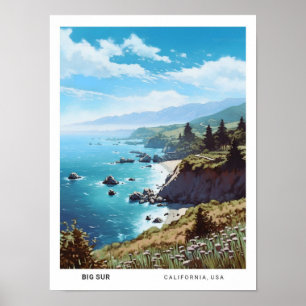Blue Sky in Big Sur California USA Vintage Travel  Poster