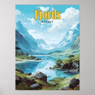 Blue Sky in Fjords Norway Vintage Travel  Poster