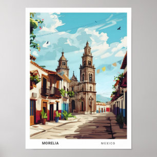 Blue Sky in Morelia Mexico Vintage Travel  Poster