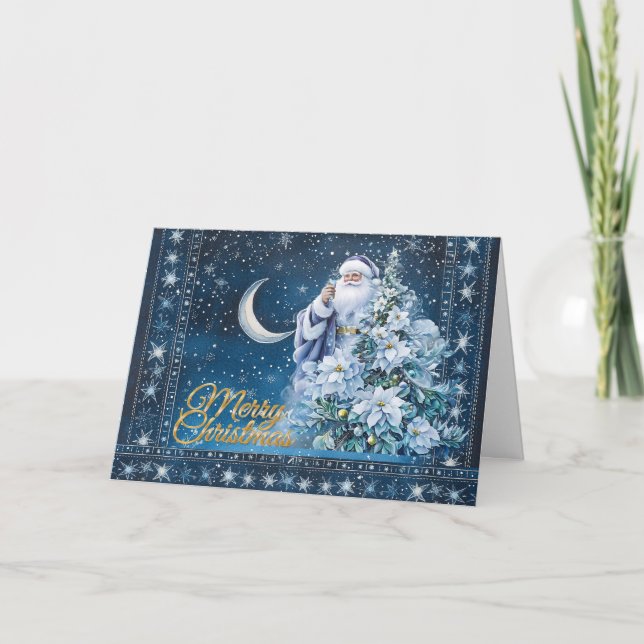 Blue Sky & Moon Cute Santa Merry Christmas Card (Front)