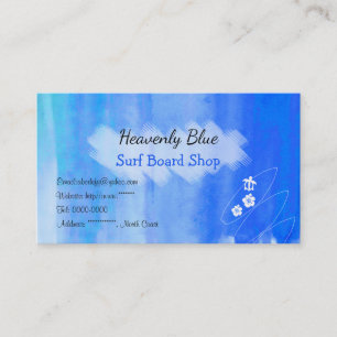 Blue sky ocean watercolor Surf board shop Business Card