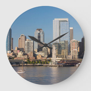 Blue sky over the Elliott Bay waterfront Large Clock