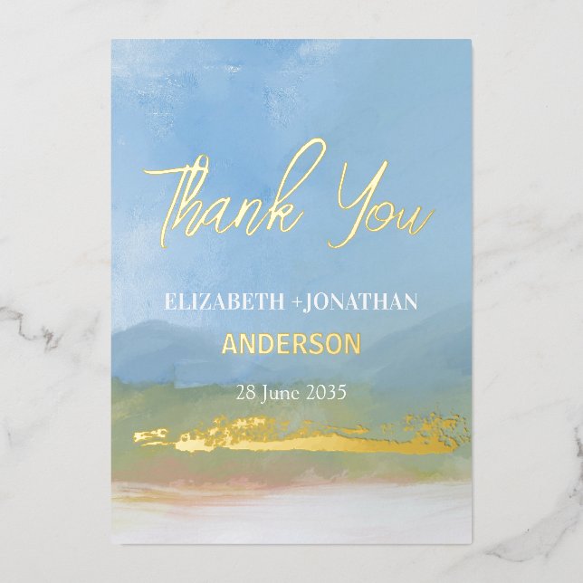 Blue Sky Painted Landscape Wedding Thank You (Front)