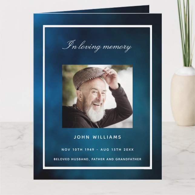 Blue sky silver photo elegant funeral program thank you card (Front)