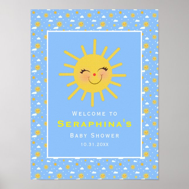 Blue Sky Smiling Yellow Sunshine Baby Shower Poster (Front)