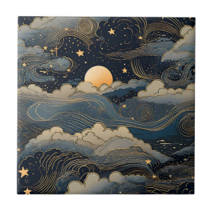 Blue sky stars moon retro tile