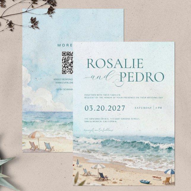 Blue Sky Summer Beach Watercolor QR Code Wedding Invitation (Creator Uploaded)