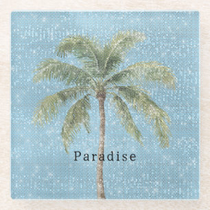 Blue Sky Tropical Palm Tree Sparkle Glass Coaster