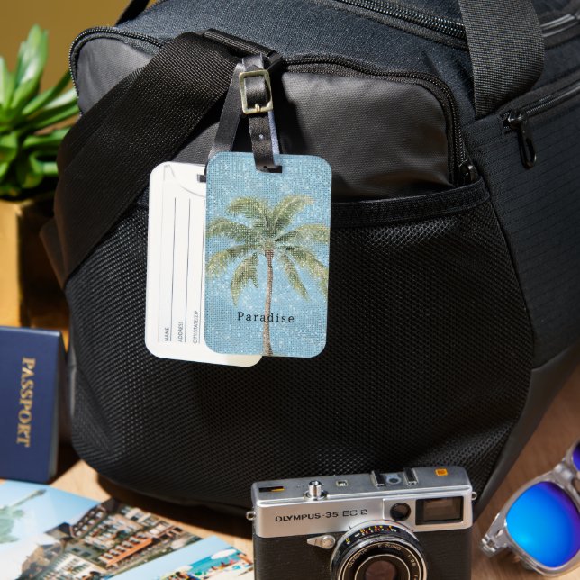Blue Sky Tropical Palm Tree Sparkle  Luggage Tag (Front & Back)