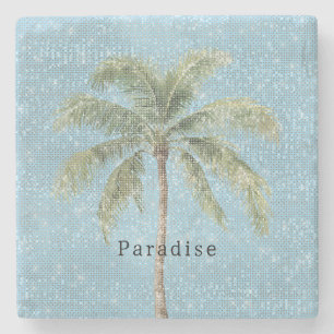 Blue Sky Tropical Palm Tree Sparkle Stone Coaster
