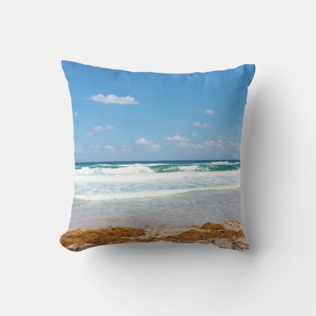 Blue Sky Waves Crashing Shoreline View Cushion (Front)
