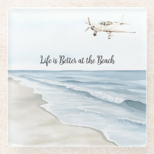 Blue Sky White Aeroplane Beach Ocean Coast Glass Coaster