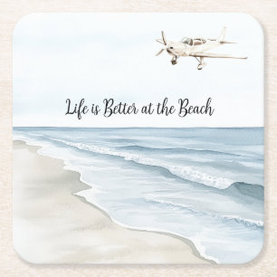 Blue Sky White Aeroplane Beach Ocean Coast Square Paper Coaster