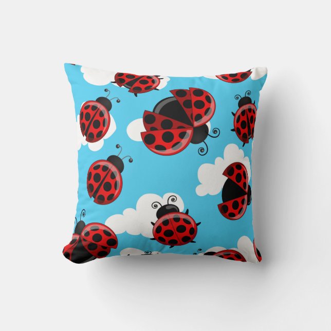 Blue Sky White Clouds Red Ladybug Beetle Cushion (Front)