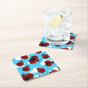 Blue Sky White Clouds Red Ladybug Beetle Square Paper Coaster
