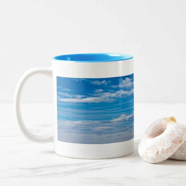 Blue Sky With Cloud Streaks Two-Tone Coffee Mug (With Donut)