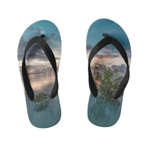 blue sky with red and dark clouds reflected on sea kid's jandals