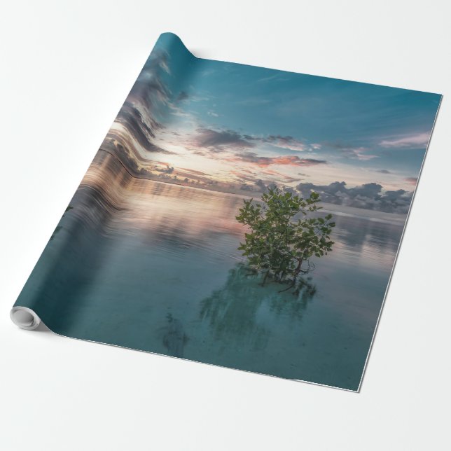 blue sky with red and dark clouds reflected on sea wrapping paper (Unrolled)