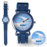Blue Sky with Swirling Cloud Watch<br><div class="desc">A swirling white cloud in blue sky is a timely reminder that the Sky's the Limit. The numbers of this fun watch are in a rainbow of colours against a photographic partly cloudy sky with a twist. Personalise with your Child's Name. 

This image is original sky photography by JLW_PHOTOGRAPHY.</div>