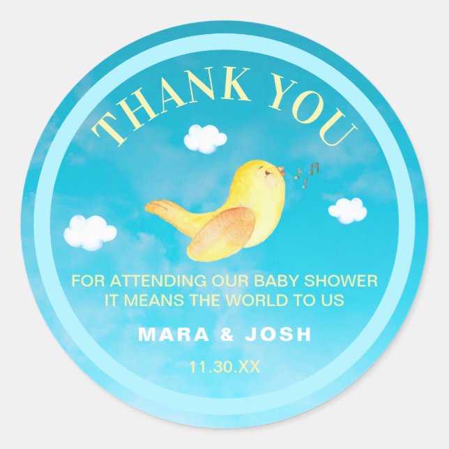 *~*  Blue Sky Yellow Birdie Baby Shower Thank You Classic Round Sticker (Front)
