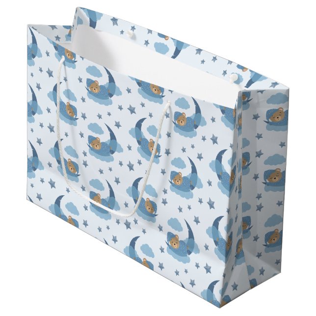 Blue Sleeping Baby Bear On Moon Clouds & Stars Large Gift Bag (Front Angled)