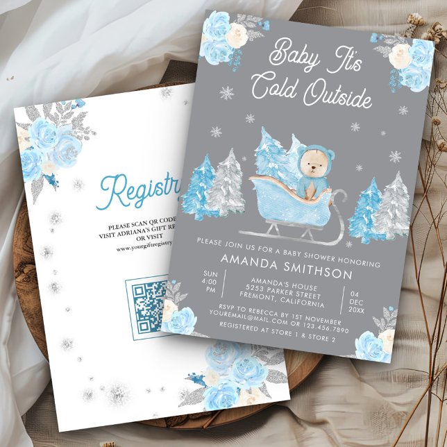 Blue Sleigh Cute Teddy Bear Grey Baby Shower Invitation (Creator Uploaded)