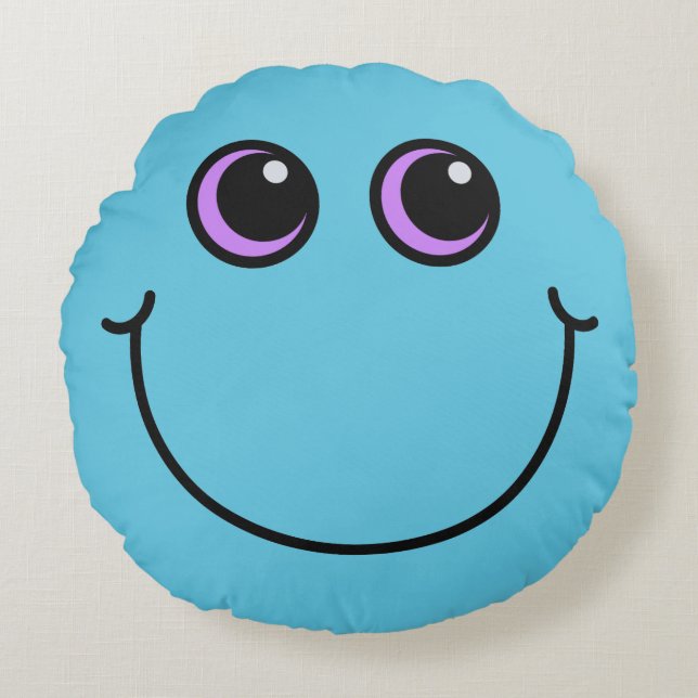 Blue Smiling Emoji Face Round Cushion (Front)