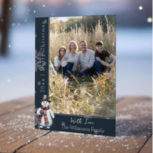 Blue Smiling Snowman Photo Holiday Card