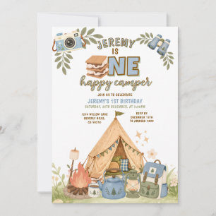 Blue Smores Boy Happy Birthday Marshmallow Camper Invitation