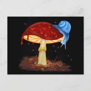 Blue Snail Red Mushroom Illustration Postcard