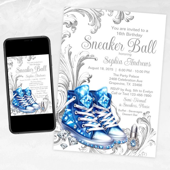 Blue Sneaker Ball Birthday Party Invitation (Blue and Silver Sneaker Ball Invitation with Pretty Blue Diamond Sneakers, Diamonds and Swirls)