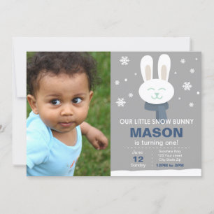 Blue Snow Bunny Birthday Invitation with Photo