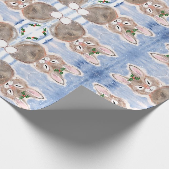 Blue Snow Bunny Rabbit Christmas Gift Wrap (Corner)