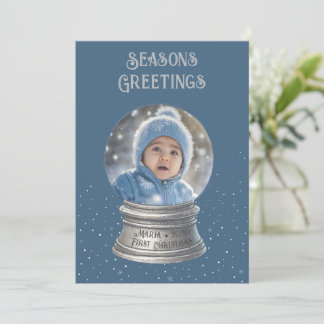 Blue Snow Globe Photo Flat Holiday Card