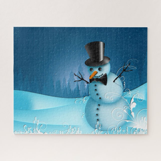 Blue Snow Snowman with Black Hat and Carrot Nose Jigsaw Puzzle (Horizontal)