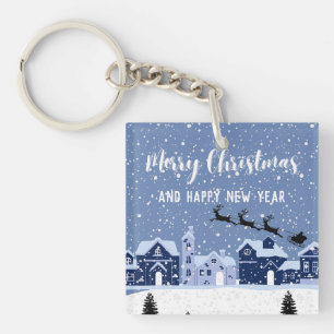 Blue snow with santa and reindeer holiday key ring