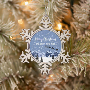 Blue snow with santa and reindeer holiday snowflake pewter christmas ornament