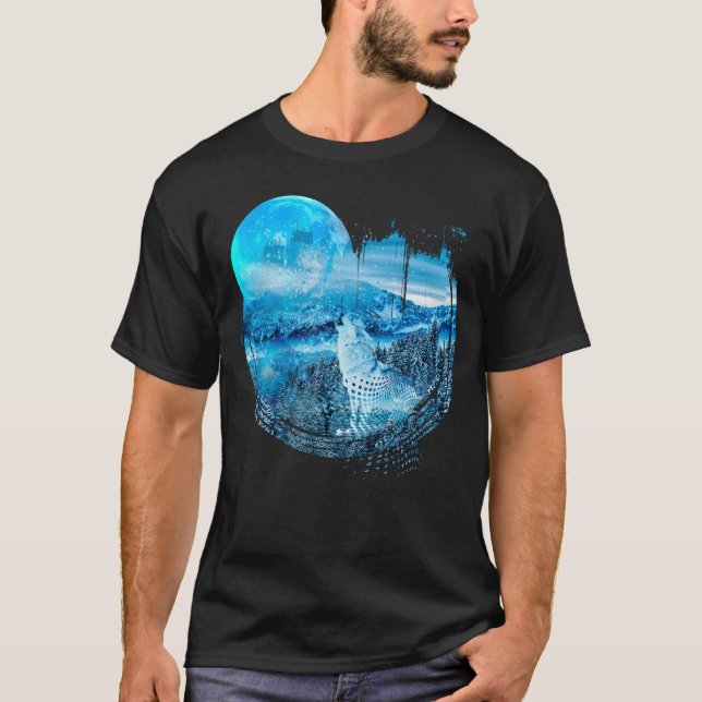 Blue Snow Wolf Moon Howl T-Shirt (Front)