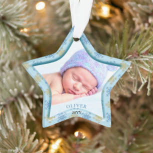 Blue Snowflake Baby's First Christmas Photo Star Ornament