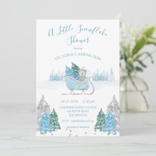 Blue Snowflake Bear Baby Shower Invitation (Standing Front)
