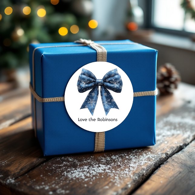 Blue Snowflake Bow Christmas Holiday Classic Round Sticker (Blue Snowflake Bow Christmas Holiday Classic Round Sticker)