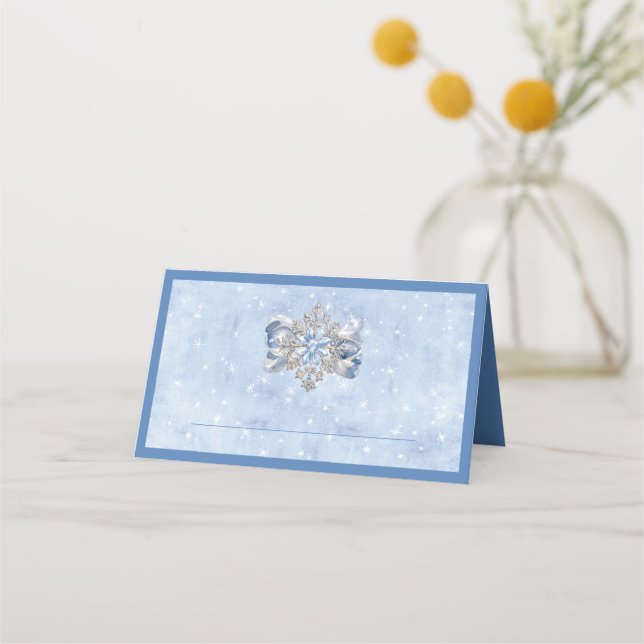 Blue Snowflake Brooch Holiday Table Place Card (Front)
