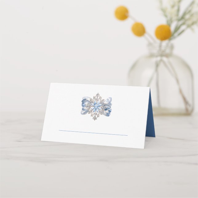 Blue Snowflake Brooch Holiday Table Place Card (Front)