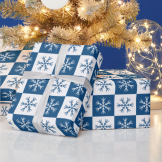 Blue Snowflake Chequered Pattern Christmas Holiday Wrapping Paper