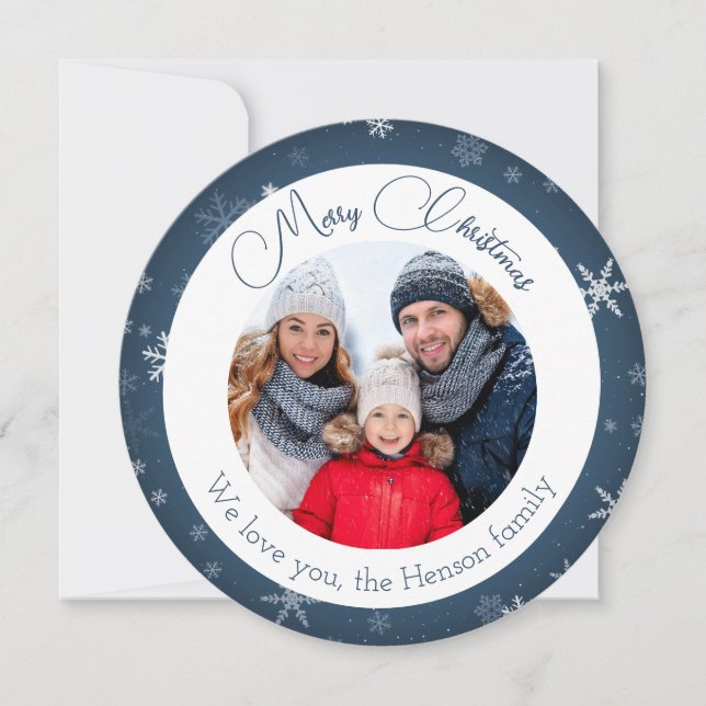 Blue Snowflake Christmas Family Photo  Holiday Card (Front)