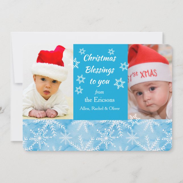 Blue Snowflake Christmas Photo Template Flat Card (Front)