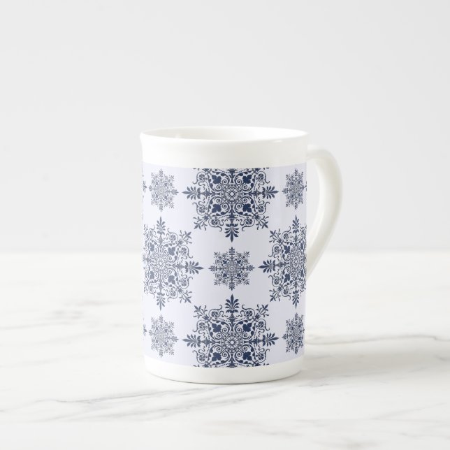 Blue Snowflake Damask Pattern Bone China Mug (Front Right)