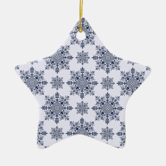 Blue Snowflake Damask Pattern Ceramic Tree Decoration (Front)