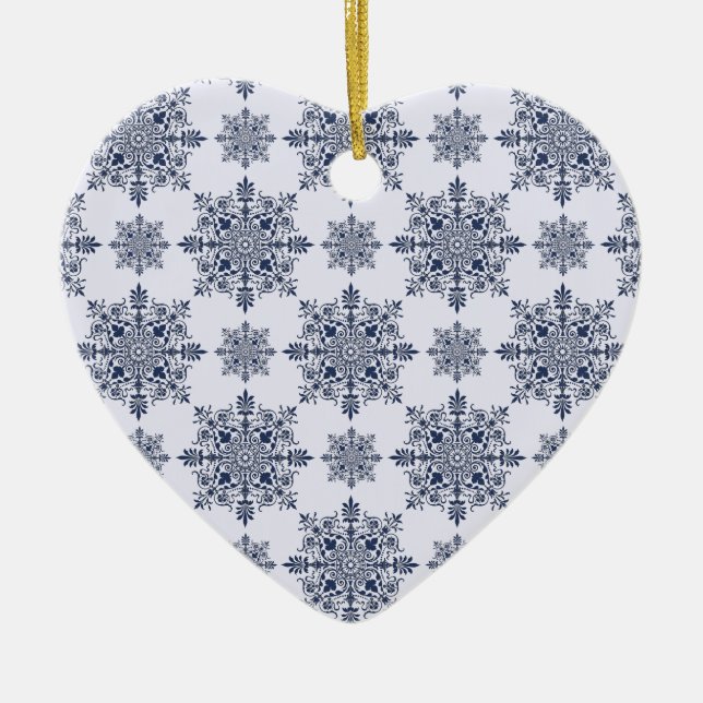 Blue Snowflake Damask Pattern Ceramic Tree Decoration (Front)